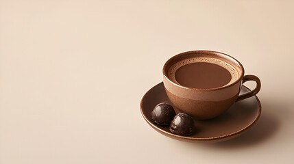 A warm cup of chocolate and two tempting chocolate truffles on a matching saucer against a neutral backdrop.
