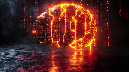 Glowing Digital Brain With Circuit Patterns