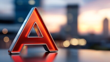 Three Dimensional Red Metallic Letter A against Cityscape Sunset Backdrop