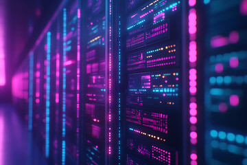 Obraz premium An abstract digital banner featuring a data connection theme in black and violet neon colors. 