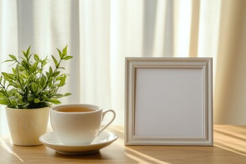 Morning tranquility with a cup of herbal tea and a blank canvas on a sunlit table