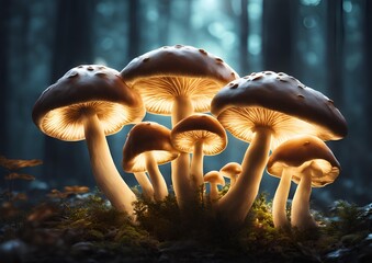 Glowing mushrooms cluster illuminated enchanting magical forest scene on white light background