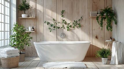 A neutral-toned bathroom with a deep soaking bathtub, wood panel walls, and calming ambiance.