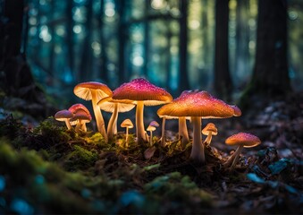 Glowing mushrooms cluster illuminated enchanting magical forest scene on white light background