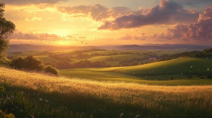 A peaceful countryside scene at sunset, where rolling green fields stretch to the horizon under a vibrant sky filled with warm golden light.