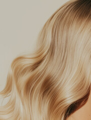 Fototapeta premium Blonde Waves: A close-up shot of flowing, sun-kissed blonde hair, showcasing its soft, silky texture and captivating waves. The subtle lighting casts a warm glow on the strands.