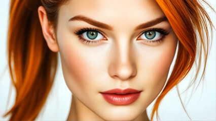 Fototapeta premium Portrait of a super girl with very beautiful eyes and sleek ponytail haircut closeup. Red hair.