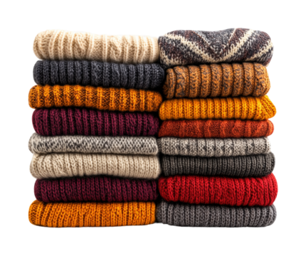 Fashionable cozy knitted scarves collection isolated on transparent background, png