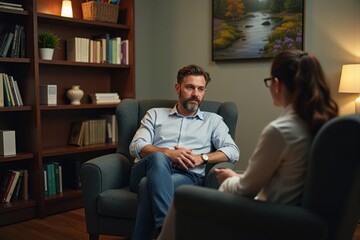 Fototapeta premium A man sits on a comfortable chair in a cozy office, talking to a psychologist. The room is filled with bookshelves, soft lighting, and a calming painting on the wall