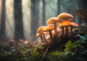 Glowing mushrooms cluster illuminated enchanting magical forest scene on white light background