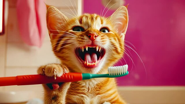 Adorable ginger kitten playfully holding a toothbrush with mouth open in a colorful bathroom setting - dentistry concept