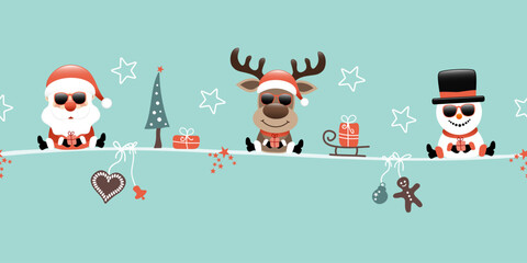 Fototapeta premium Weihnachtsmann Rentier Und Schneemann Mit Sonnenbrille Icons Türkis