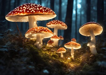 Glowing mushrooms cluster illuminated enchanting magical forest scene on white light background