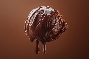 Delicious chocolate ice cream scoop with rich chocolate sauce drizzling down on a brown background in a tempting dessert display