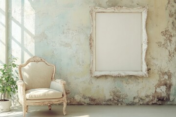 Elegant vintage chair and empty ornate frame create a tranquil artistic space in a sunlit room with a weathered wall