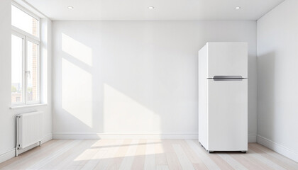Obraz premium Minimalist white refrigerator in bright room, modern simplicity