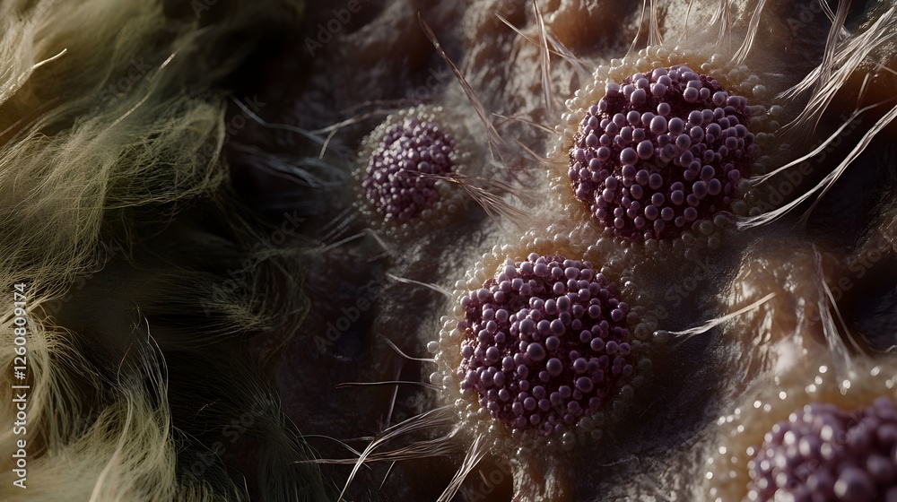 Poster closeup macro shot of delicate fluffy wispy seedheads in shades of purple and green with a soft ethe