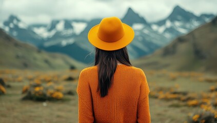 Woman in an orange sweater and yellow hat gazing at snow-capped mountains in a meadow filled with flowers on a cloudy day