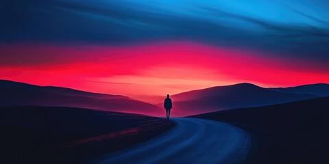 Fototapeta premium Person Watching Sunset on Road