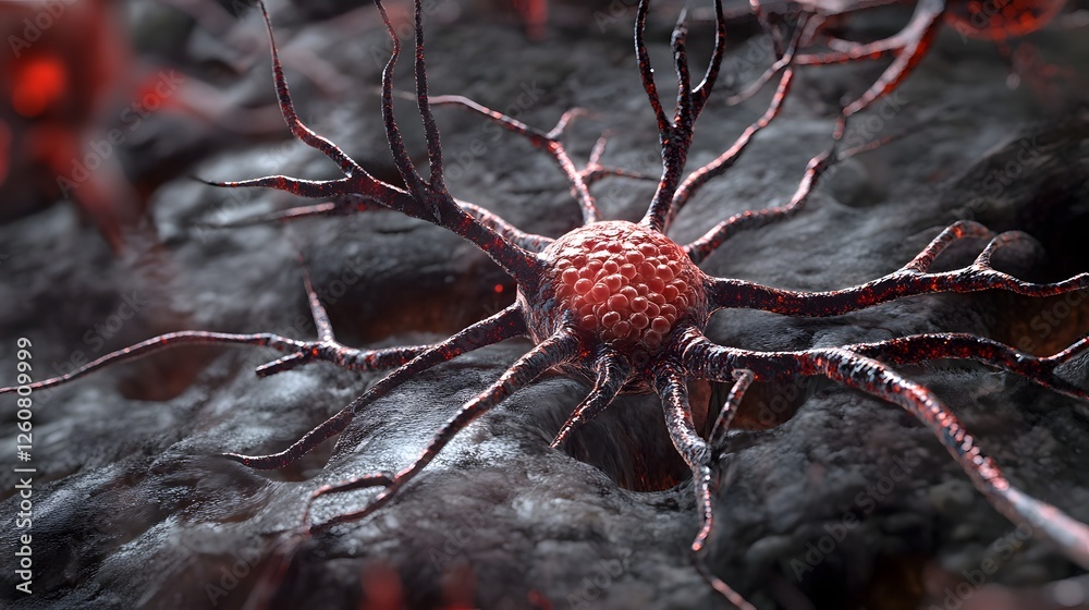 Poster Closeup macro view of a complex neural network structure in dark red and black tones
