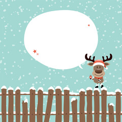 Rentier Auf Zaun Mit Geschenk Sprechblase Schnee Türkis