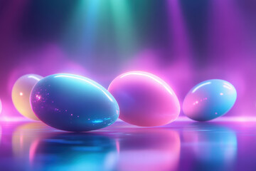Osterszene mit schwebenden, neonfarbenen Ostereiern über einer glatten Metalloberfläche. Die Eier strahlen ein sanftes, holografisches Leuchten aus und erzeugen eine moderne, festliche Atmosphäre