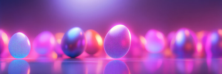 Osterszene mit schwebenden, neonfarbenen Ostereiern über einer glatten Metalloberfläche. Die Eier strahlen ein sanftes, holografisches Leuchten aus und erzeugen eine moderne, festliche Atmosphäre