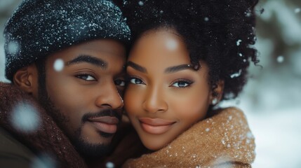 Joyful couple embraces in a snowy landscape during winter, capturing warmth and love in a serene outdoor setting surrounded by falling snowflakes