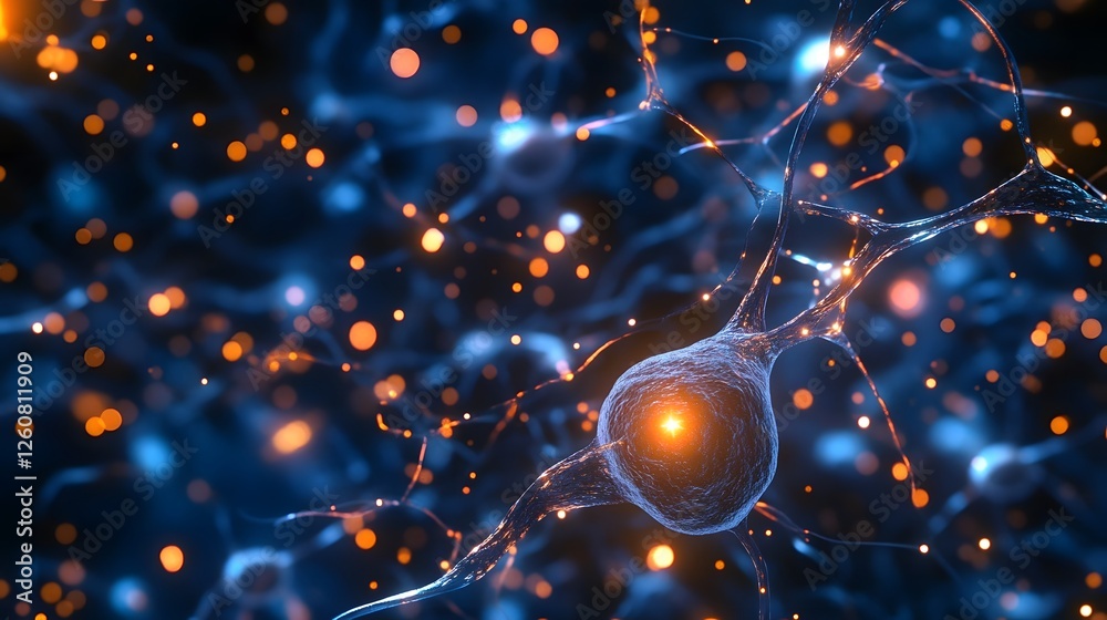 Poster closeup microscopic view of a complex neural network with glowing neurons and intricate synaptic con