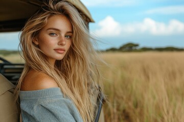 Fototapeta premium Blonde woman with pixie cut is sitting in safari car in field