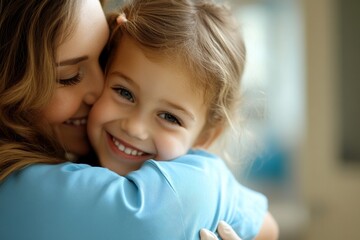 Joyful caucasian mother and child hugging in a warm embrace
