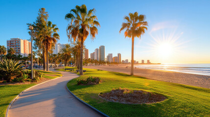Obraz premium scenic coastal view featuring palm trees, sandy beach, and vibrant skyline at sunset. warm sunlight casts golden hue over landscape, creating tranquil atmosphere