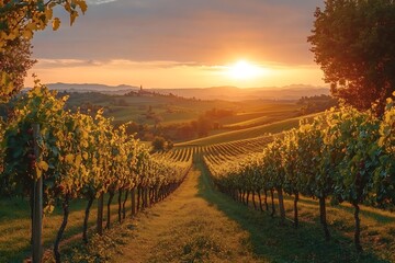 Naklejka premium Serene sunset over lush vineyards, showcasing rows of grapevines and rolling hills in the background