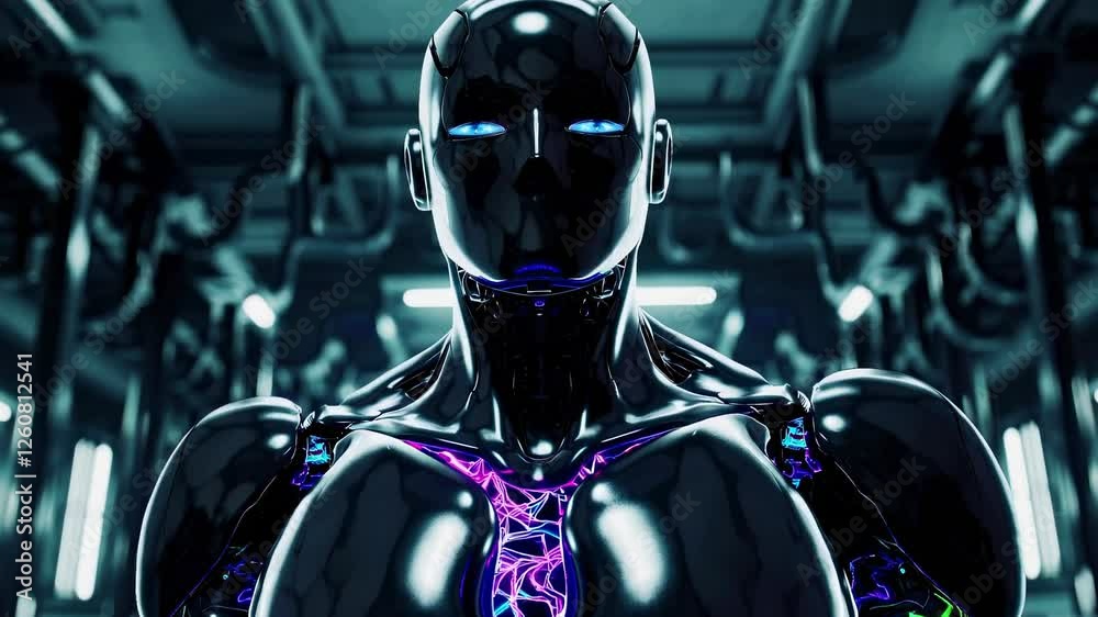 Fototapete advanced robotic figure with glowing sparks in a futuristic laboratory setting