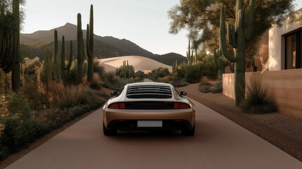 A stylish luxury car driving down a desert road with cactus and mountains in the background, highlighting its sleek design and off-road capabilities. Ideal for car advertisements, travel blogs, and ou