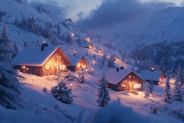 Mountain Cabins on Snowy Slope