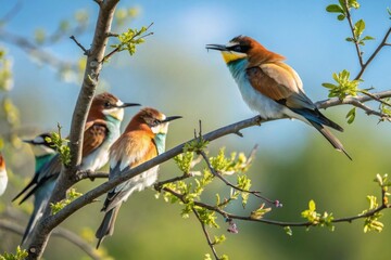 Fototapeta premium Colorful Birds on a Branch in Springtime