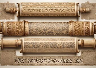 Ornate ancient scrolls with intricate designs vintage and historical on white light background