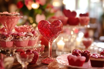 Romantic pink and red dessert table with heart-shaped decorations