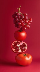 Arrangement of red fruits and vegetables including pomegranate, red bell pepper, chili pepper, cherry tomatoes, and grapes on a red monochromatic background. Minimalist food composition