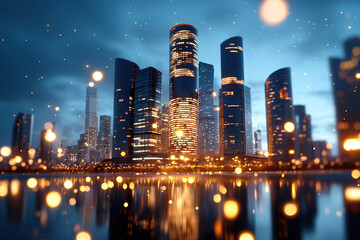 Fototapeta premium futuristic cityscape with illuminated skyscrapers reflecting on water, surrounded by glowing lights