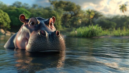 Fototapeta premium Hippopotamus in a Tropical River at Sunset