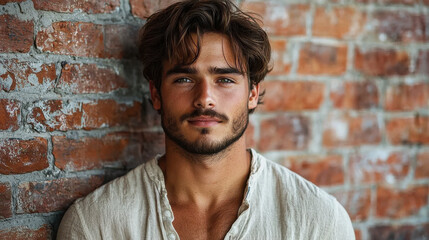 Obraz premium young man in casual shirt leans against brick wall, exuding confidence and charm. His tousled hair and relaxed expression create warm, inviting atmosphere
