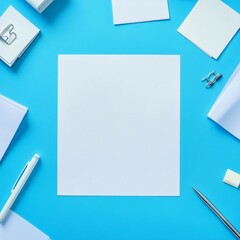 Blank Paper Surrounded By Office Supplies On Blue Background