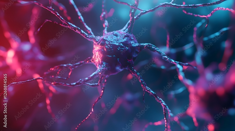 Aufkleber closeup of a glowing abstract neuron structure with intricate branching nerve fibers and electrical 