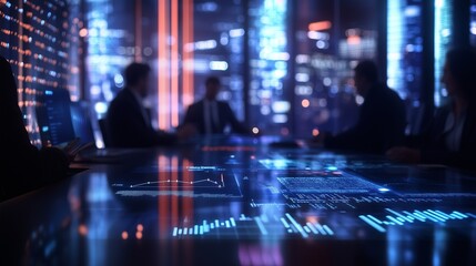 Business people sitting at a table with a computer screen. Business analysis cost teamwork. Generative graphs of the meeting. Professionals gathered around a table with a computer lifestyle display.