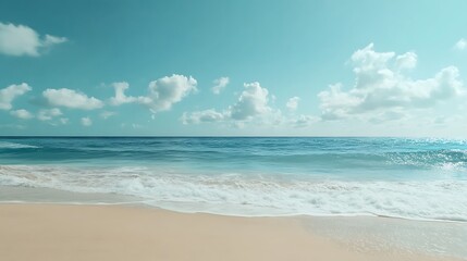 Serene sandy ocean beach with white foamy currents under endless blue sky