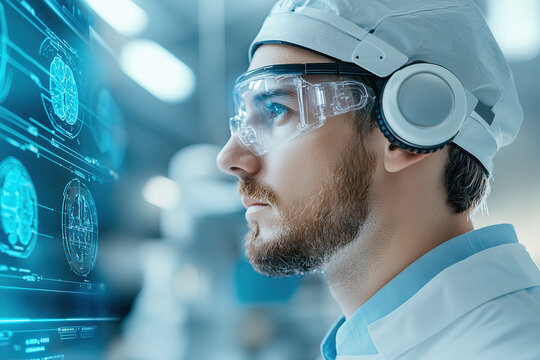 Scientist Using Augmented Reality Interface for Futuristic Data Analysis in High-Tech Laboratory