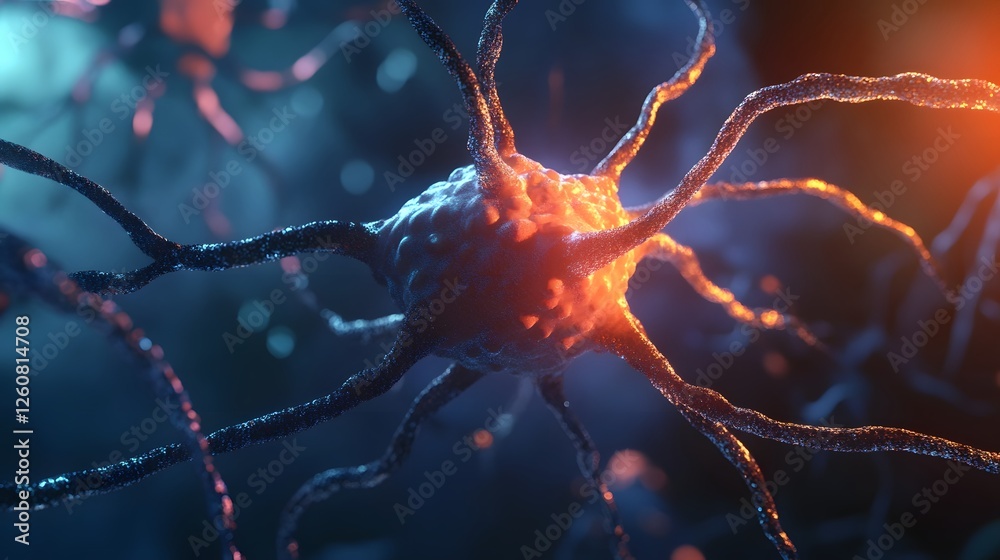 Fototapete closeup of a glowing branching neuron with synapses transmitting electrical and chemical signals thr