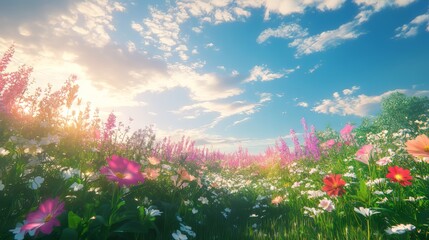 Fototapeta premium Vibrant flower field under a bright blue sky with fluffy clouds.